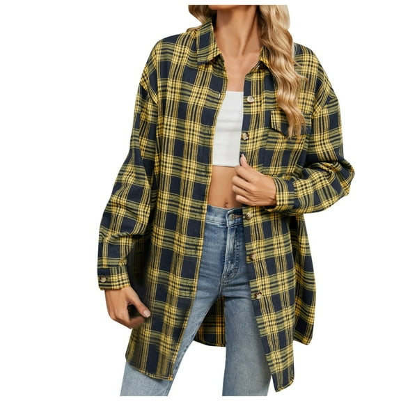 Towmus Plaid Flannel Shirts for Women Oversized Long Sleeve Business Work Button Down Shirts Blouses Tops with Pocket