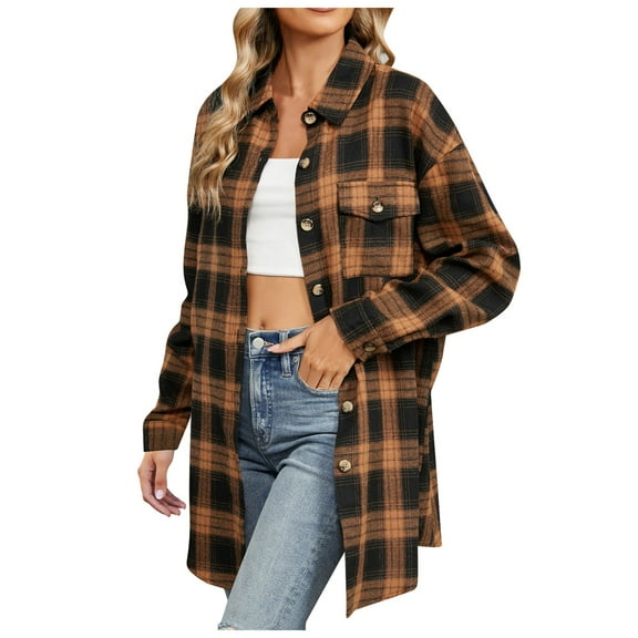 Towmus Plaid Flannel Shirts for Women Oversized Long Sleeve Business Work Button Down Shirts Blouses Tops with Pocket