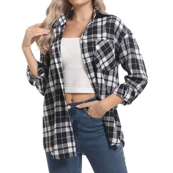Towmus Plaid Flannel Shirts for Women Oversized Long Sleeve Button Down Shirts Casual Blouses Tops with Pocket
