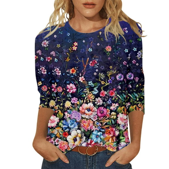 Towmus Plus Size 3/4 Sleeve Tops For Women，Women'S Casual 3/4 Sleeve T-Shirts Round Neck Blouses Loose Fit Pullover Shirt Cute Tunic Tops Basic Tees