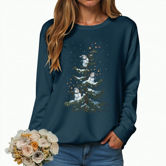 Towmus Plus Size Christmas Sweatshirt for Women Cute Snowman Tree Graphic Sweatshirts Crewneck Long Sleeve Casual Pullover Tops