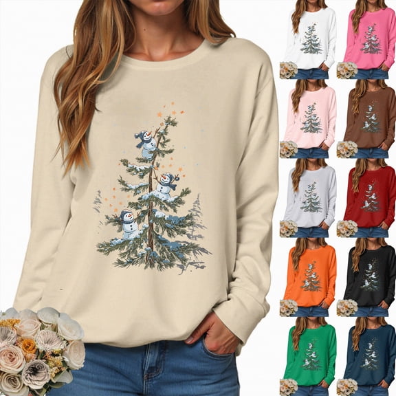 Towmus Plus Size Christmas Sweatshirt for Women Cute Snowman Tree Graphic Sweatshirts Crewneck Long Sleeve Casual Pullover Tops