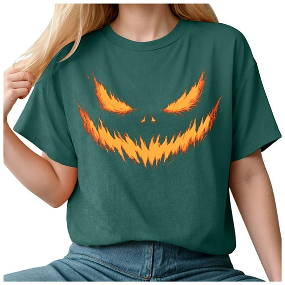 Towmus Plus Size Halloween Funny Lantern Face Pumpkin Halloween Shirt Graphic Tees Casual Short Sleeve