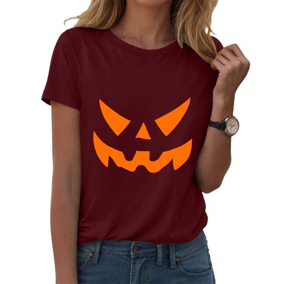 Towmus Plus Size Halloween Funny Pumpkin Face T-Shirt Women Graphic Tees Casual Short Sleeve Crew Neck Tops Blouse