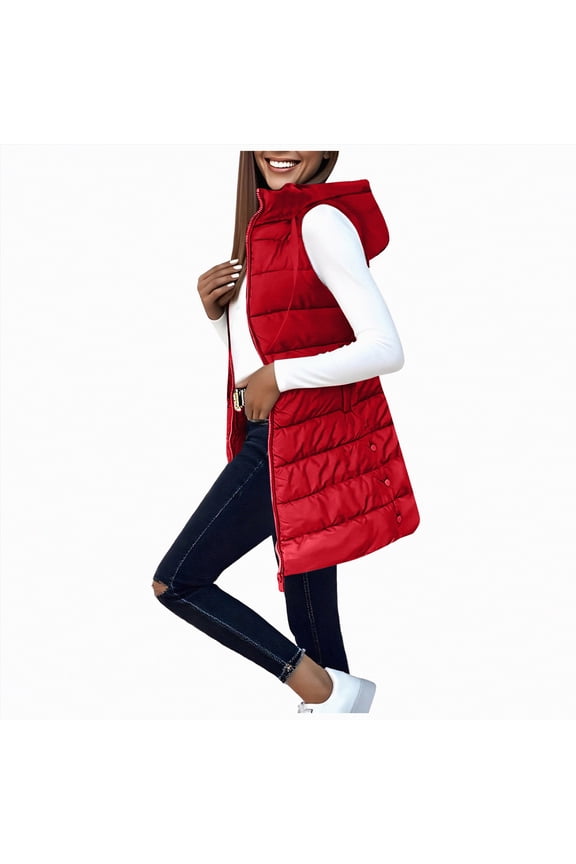 Plus Size Long Puffer Vest for Women Lightweight Down Vest Sleeveless Puffer Jacket Hood Full Zip Winter Warm Quilted Vest Coats