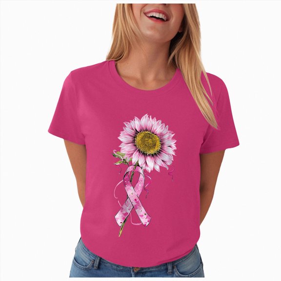 Towmus Plus Size Sunflower Shirt for Women Plus Size Pink Ribbon Shirts Crew Neck Graphic Tee Womens Inspirational Breast Cancer Tshirts