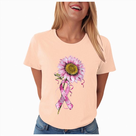 Towmus Plus Size Sunflower Shirt for Women Plus Size Pink Ribbon Shirts Crew Neck Graphic Tee Womens Inspirational Breast Cancer Tshirts