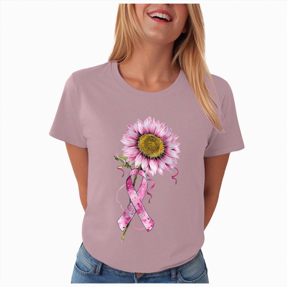 Towmus Plus Size Sunflower Shirt for Women Plus Size Pink Ribbon Shirts Crew Neck Graphic Tee Womens Inspirational Breast Cancer Tshirts