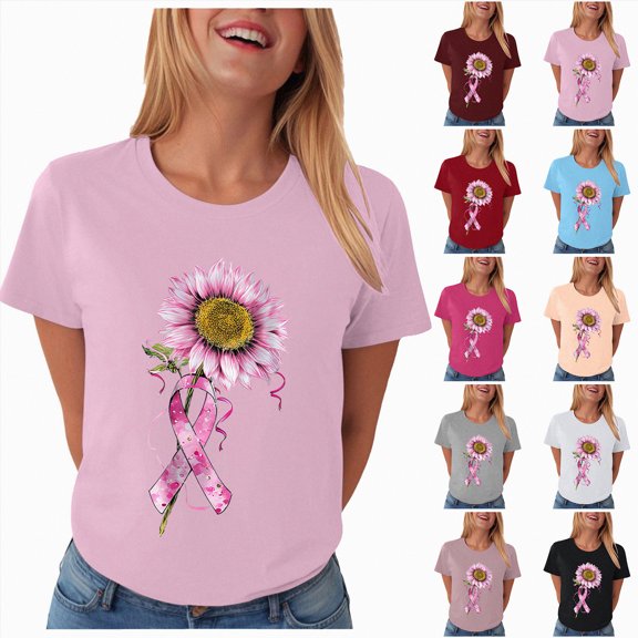Towmus Plus Size Sunflower Shirt for Women Plus Size Pink Ribbon Shirts Crew Neck Graphic Tee Womens Inspirational Breast Cancer Tshirts
