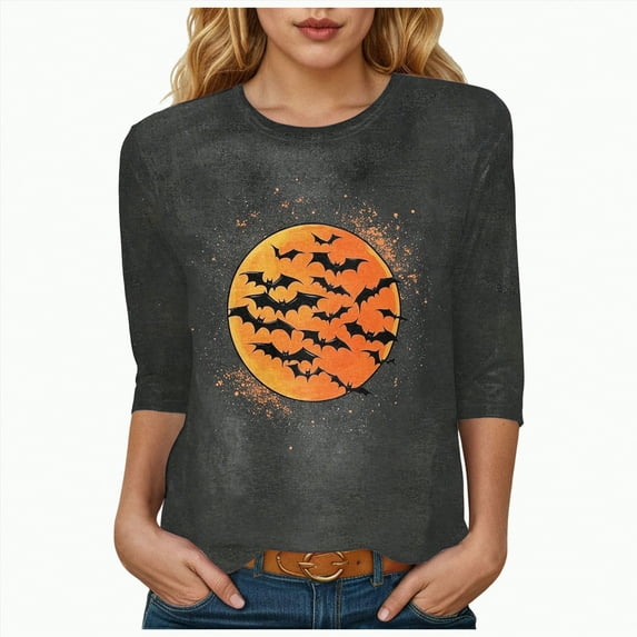 Towmus Plus Size Tops for Women Tunic Halloween Dress Shirts 3/4 Sleeve V Neck Flowy Ladies Clothes for Loose