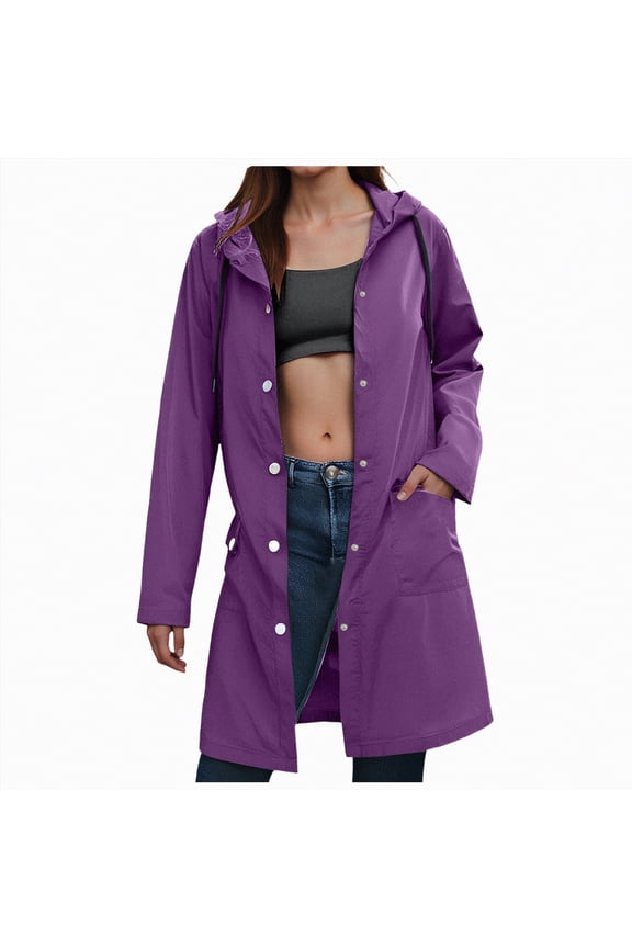 Rain Jacket Women With Hood Plus Size Raincoat Button Zip up Windbreaker Trench Coat Long with Hood Windproof Lightweight Outdoor Clothes