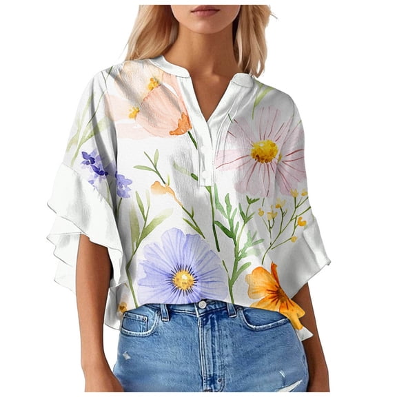 Towmus Ruffle 3/4 Sleeve Tops for Women Dressy Casual Business Work Blouses V Neck Floral Print Office Summer Blouse Flowy Tunic Tops S-2XL Summer Cute Tops