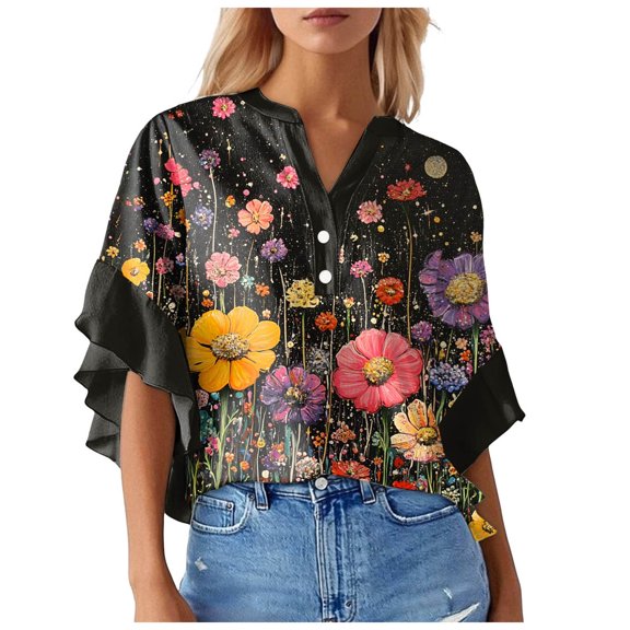 Towmus Ruffle 3/4 Sleeve Tops for Women Dressy Casual Business Work Blouses V Neck Floral Print Office Summer Blouse Flowy Tunic Tops S-2XL Summer Cute Tops