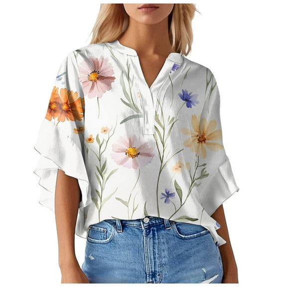 Towmus Ruffle 3/4 Sleeve Tops for Women Dressy Casual Business Work Blouses V Neck Floral Print Office Summer Blouse Flowy Tunic Tops S-2XL Summer Cute Tops