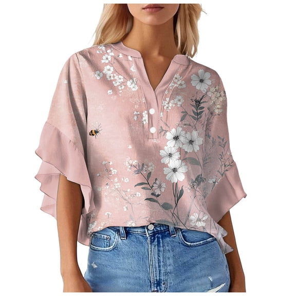 Towmus Ruffle 3/4 Sleeve Tops for Women Dressy Casual Business Work Blouses V Neck Floral Print Office Summer Blouse Flowy Tunic Tops S-2XL Summer Cute Tops