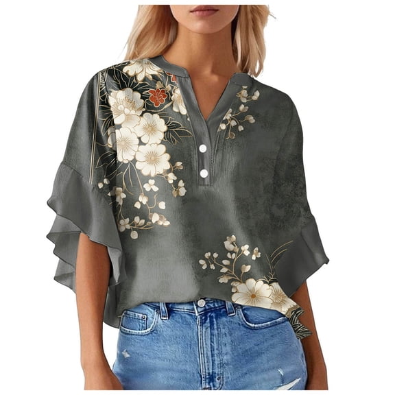 Towmus Ruffle 3/4 Sleeve Tops for Women Dressy Casual Business Work Blouses V Neck Floral Print Office Summer Blouse Flowy Tunic Tops S-2XL Summer Cute Tops