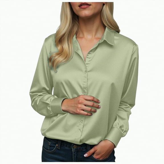Towmus Satin Blouses for Women Button Down Shirts Silk Clothes Roll Up Long Sleeve Business Casual Tunic Tops