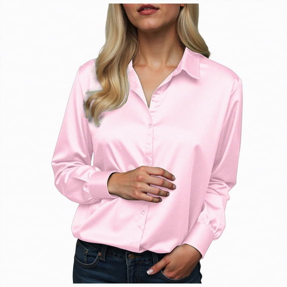 Towmus Satin Blouses for Women Button Down Shirts Silk Clothes Roll Up Long Sleeve Business Casual Tunic Tops