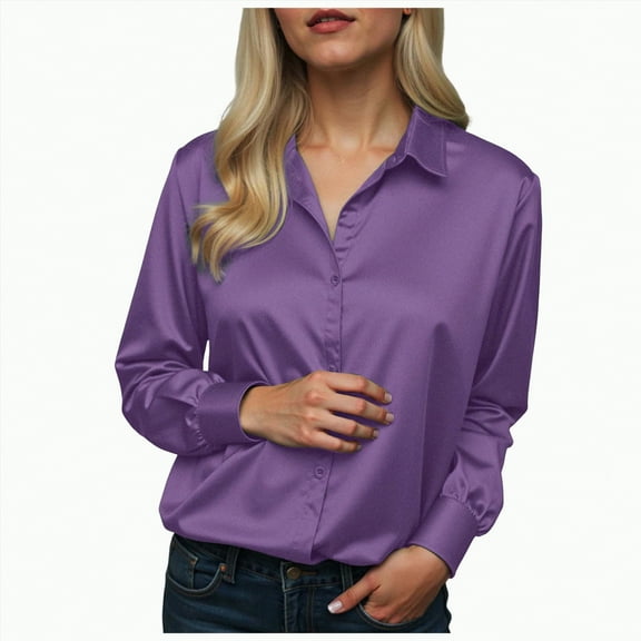 Towmus Satin Blouses for Women Button Down Shirts Silk Clothes Roll Up Long Sleeve Business Casual Tunic Tops