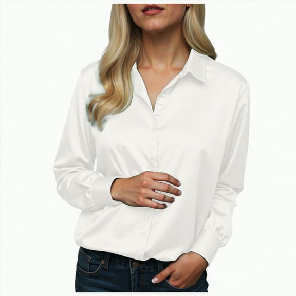 Towmus Satin Blouses for Women Button Down Shirts Silk Clothes Roll Up Long Sleeve Business Casual Tunic Tops