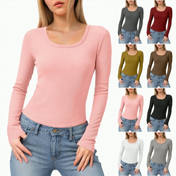 Towmus Scoop Neck Long Sleeve Shirts for Women Fitted Tees Tops Casual Tight Basic Tops