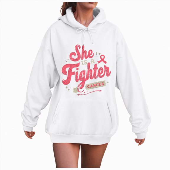 Towmus She Is A Fighter Letter Print Graphic Hooded Sweat Shirts for Womens Oversize Pullover Tops Cute Fall Clothes