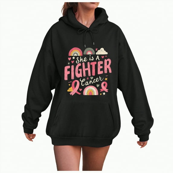 Towmus She Is A Fighter Sweat Shirts for Womens Oversized Tops Cute Fall Clothes Casual Sweatshirts Letter Flower Print Hooded Pullover with Pocket