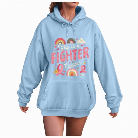 Towmus She Is A Fighter Sweat Shirts for Womens Oversized Tops Cute Fall Clothes Casual Sweatshirts Letter Flower Print Hooded Pullover with Pocket