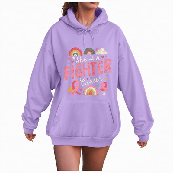 Towmus She Is A Fighter Sweat Shirts for Womens Oversized Tops Cute Fall Clothes Casual Sweatshirts Letter Flower Print Hooded Pullover with Pocket