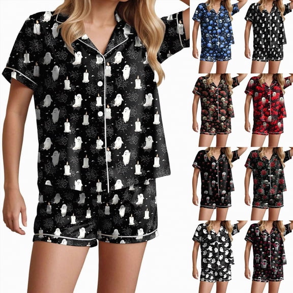 Towmus Short Sleeve Pajama Set for Women Womens Funny Halloween Print Lapel Button Short Sleeve Shorts Pajama Set Lounge Set