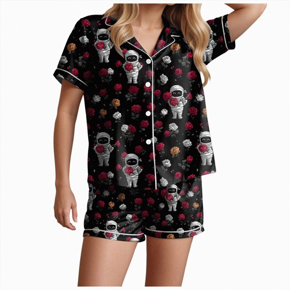 Towmus Short Sleeve Pajama Set for Women Womens Funny Halloween Print Lapel Button Short Sleeve Shorts Pajama Set Lounge Set