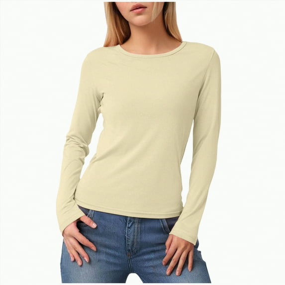 Towmus Slim Fitted Long Sleeve Shirts for Women Solid Color Crewneck Tees Casual Tight Basic Tops