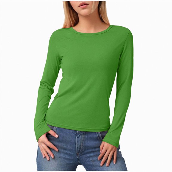 Towmus Slim Fitted Long Sleeve Shirts for Women Solid Color Crewneck Tees Casual Tight Basic Tops