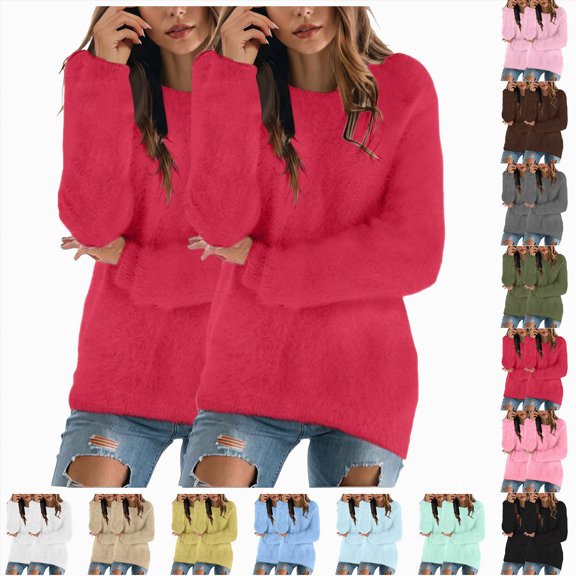 Towmus Solid Color Sweatshirt for Women Plus Size Sherpa Plush Lined Crewneck Sweatshirts Long Sleeve Pullover Oversized Warm Casual Tunic Tops S-5XL