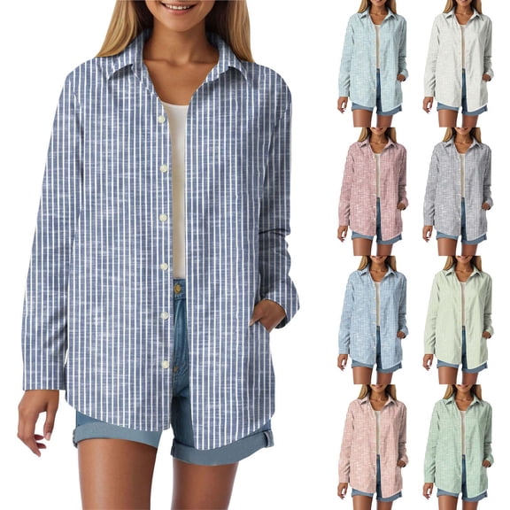 Towmus Striped Shirt Long Sleeve Women Button Down Shirts Casual Tops Office Work Fall Blouses Trendy Dressy Shirt 5XL