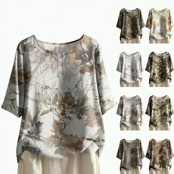 Towmus Summer Tops for Women Casual Short Sleeve Dressy Shirts Blouses Loose Fit Round Neck Floral Print Trendy Tshirts