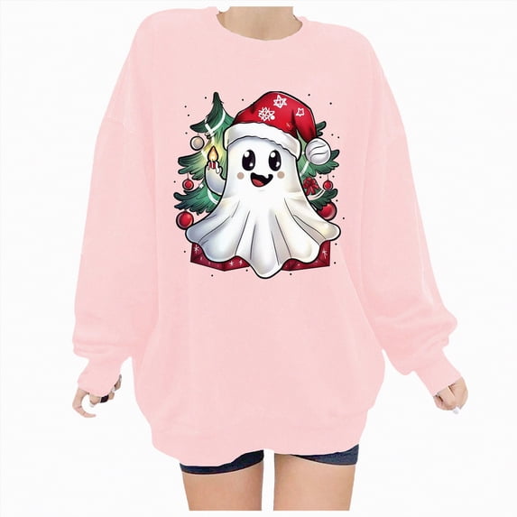 Towmus Sweaters for Women Halloween Cute Ghosts Print Womens Plus Size Christmas Shirts Long Sleeve Round Neck Pullover Tops