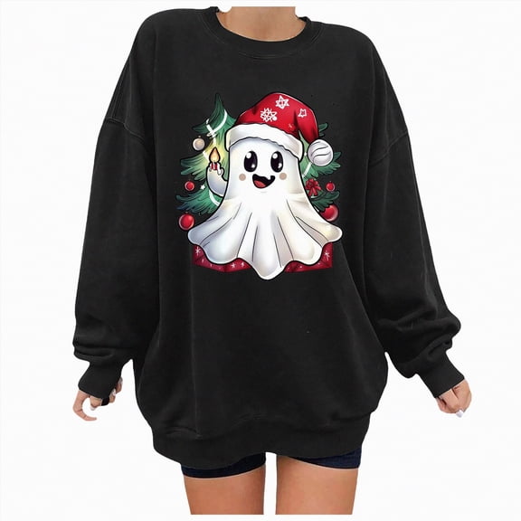 Towmus Sweaters for Women Halloween Cute Ghosts Print Womens Plus Size Christmas Shirts Long Sleeve Round Neck Pullover Tops