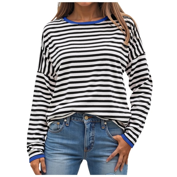 Towmus Sweatshirt Women's Striped Oversize Pullover Autumn Long Sleeve Casual Crew Neck Tops Shirt Long Sleeve Shirt