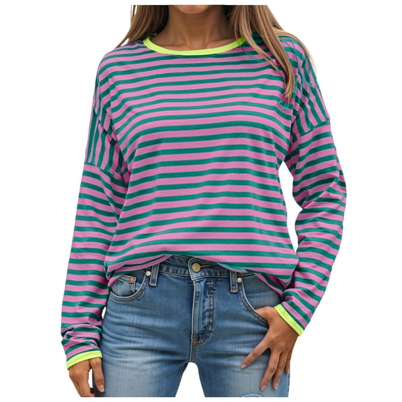 Towmus Sweatshirt Women's Striped Oversize Pullover Autumn Long Sleeve Casual Crew Neck Tops Shirt Long Sleeve Shirt