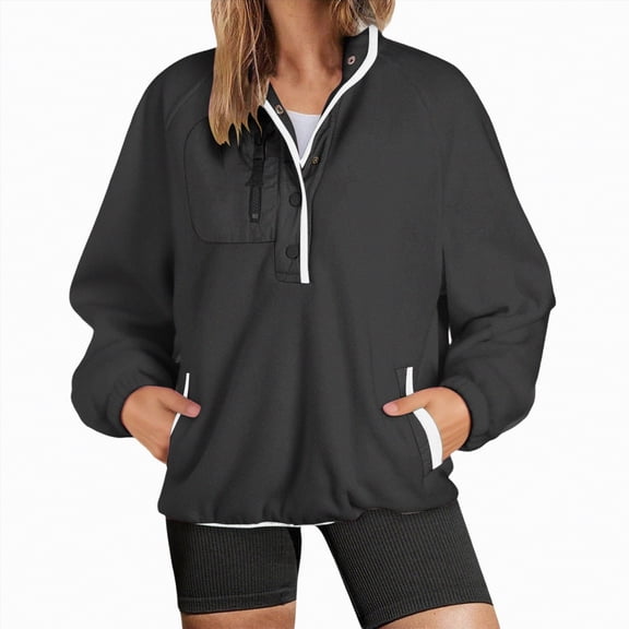 Towmus Sweatshirt for Women Plus Size Fuzzy Fleece Jacket Color Block Button Long Sleeve Pullover Casual Sweatshirts Tops