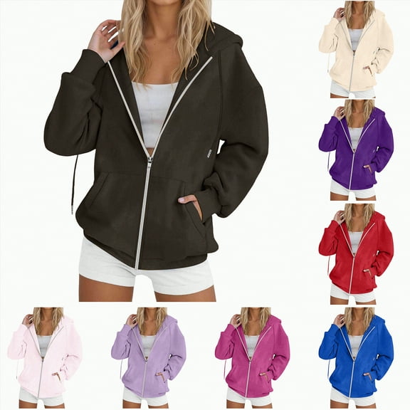 Towmus Sweatshirt for Women Solid Color Full Zip Hooded Pullover Plus Size Casual Hoodies Fall Winter Coats