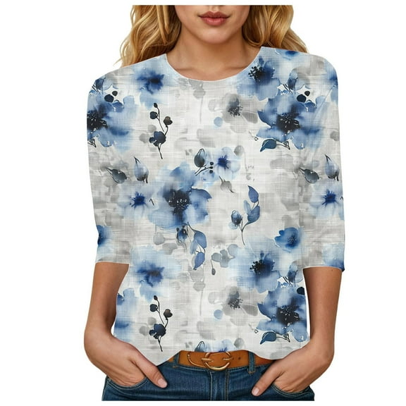 Towmus T Shirts for Women Graphic 3/4 Length Sleeve Ladies Tops Floral Print Dressy Blouses Crew Neck Casual Tunic Tops Summer Shirts