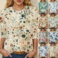 thumbnail image 1 of Towmus T Shirts for Women Graphic 3/4 Length Sleeve Ladies Tops Floral Print Dressy Blouses Crew Neck Casual Tunic Tops Summer Shirts, 1 of 5