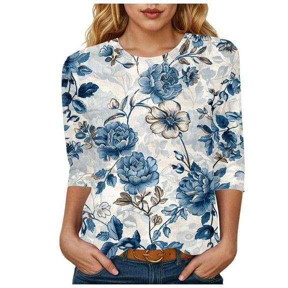 Towmus T Shirts for Women Graphic 3/4 Length Sleeve Ladies Tops Floral Print Dressy Blouses Crew Neck Casual Tunic Tops Summer Shirts
