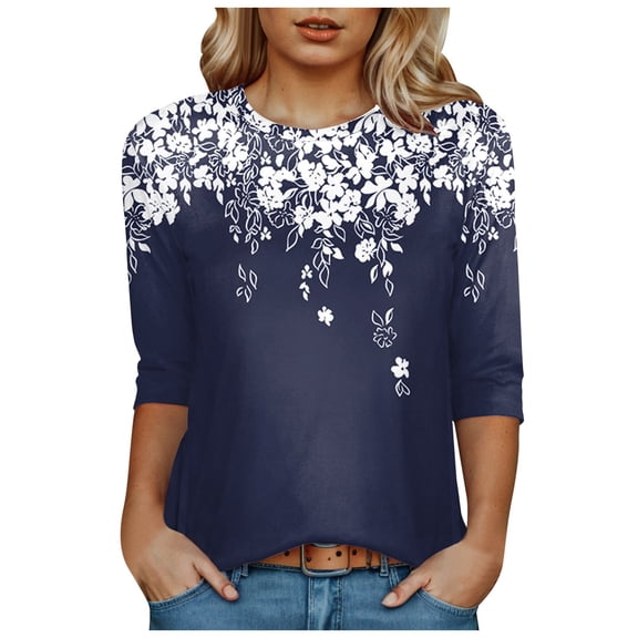 Towmus T Shirts for Women Graphic Crew Neck Ladies Tops 3/4 Sleeve Floral Print Summer Tops Loose Fit Pullover Shirt Lightweight Blouse for Women