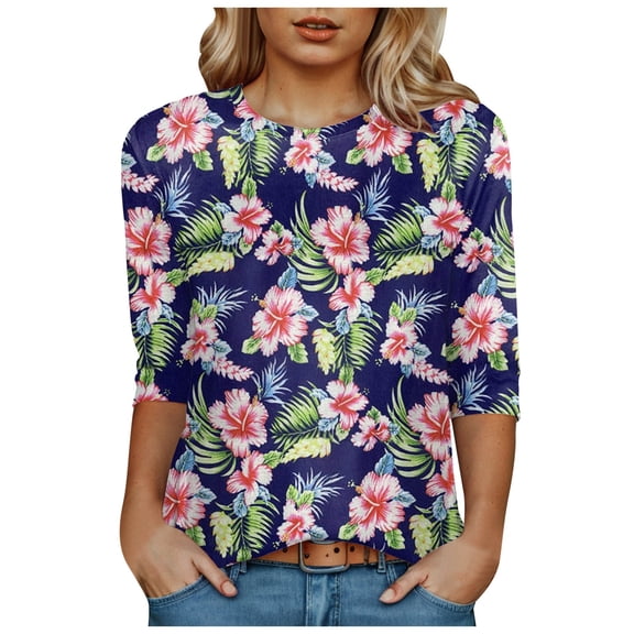 Towmus T Shirts for Women Graphic Crew Neck Ladies Tops 3/4 Sleeve Floral Print Summer Tops Loose Fit Pullover Shirt Lightweight Blouse for Women