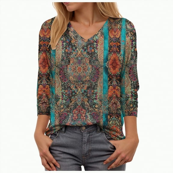 Towmus T Shirts for Women Loose Fit V Neck Ladies Tops 3/4 Length Boho Print Graphic Tees Lightweight Womens Blouse