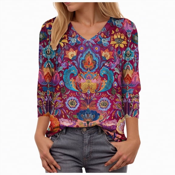 Towmus T Shirts for Women Loose Fit V Neck Ladies Tops 3/4 Length Boho Print Graphic Tees Lightweight Womens Blouse