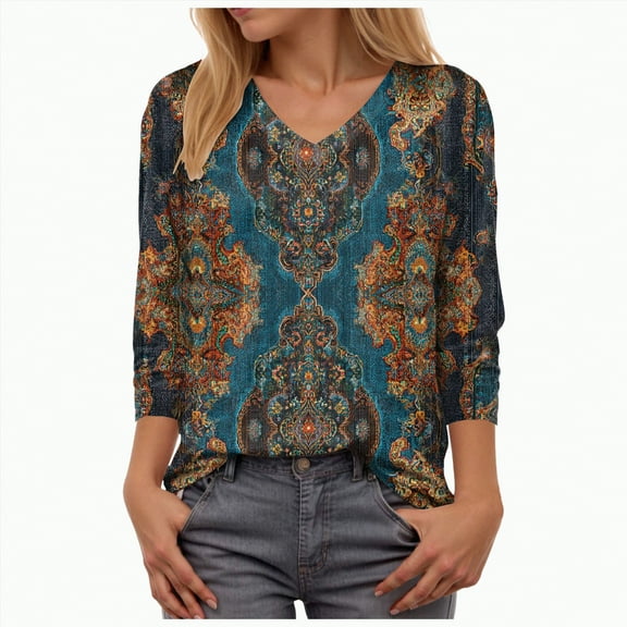 Towmus T Shirts for Women Loose Fit V Neck Ladies Tops 3/4 Length Boho Print Graphic Tees Lightweight Womens Blouse